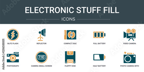 set of 10 outline web electronic stuff fill icons such as blitz flash, reflector, compact disc, full battery, video camera, photograph, camera small screen size vector icons for report,