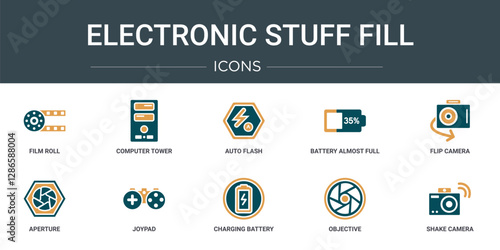 set of 10 outline web electronic stuff fill icons such as film roll, computer tower, auto flash, battery almost full, flip camera, aperture, joypad vector icons for report, presentation, diagram,