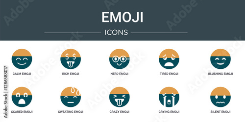 set of 10 outline web emoji icons such as calm emoji, rich emoji, nerd tired blushing scared sweating vector icons for report, presentation, diagram, web design, mobile app