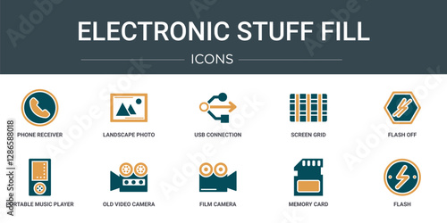 set of 10 outline web electronic stuff fill icons such as phone receiver, landscape photo, usb connection, screen grid, flash off, portable music player, old video camera vector icons for report,