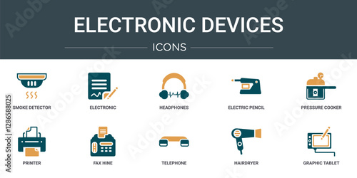 set of 10 outline web electronic devices icons such as smoke detector, electronic, headphones, electric pencil sharpener, pressure cooker, printer, fax hine vector icons for report, presentation,