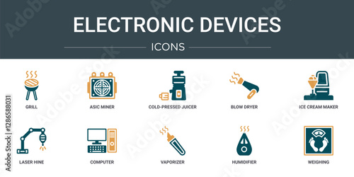 set of 10 outline web electronic devices icons such as grill, asic miner, cold-pressed juicer, blow dryer, ice cream maker, laser hine, computer vector icons for report, presentation, diagram, web