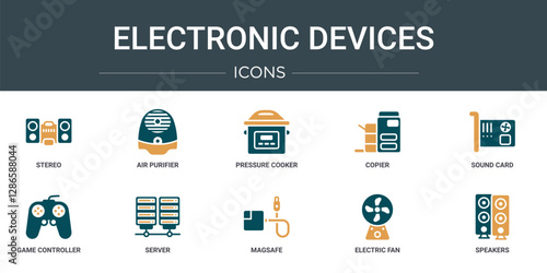 set of 10 outline web electronic devices icons such as stereo, air purifier, pressure cooker, copier, sound card, game controller, server vector icons for report, presentation, diagram, web design,