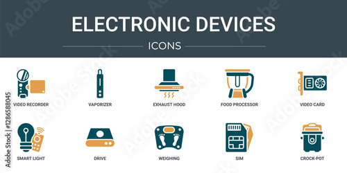 set of 10 outline web electronic devices icons such as video recorder, vaporizer, exhaust hood, food processor, video card, smart light, drive vector icons for report, presentation, diagram, web