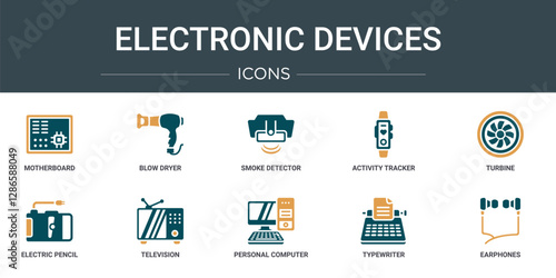 set of 10 outline web electronic devices icons such as motherboard, blow dryer, smoke detector, activity tracker, turbine, electric pencil sharpener, television vector icons for report,