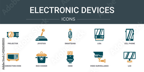 set of 10 outline web electronic devices icons such as projector, joystick, smartband, lisa, cell phone, convection oven, rice cooker vector icons for report, presentation, diagram, web design,
