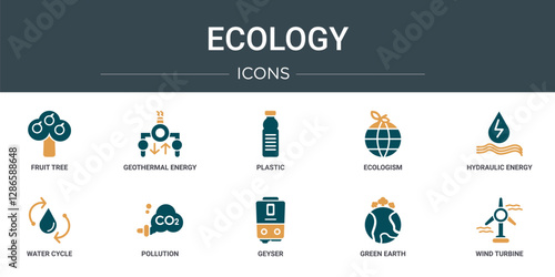 set of 10 outline web ecology icons such as fruit tree, geothermal energy, plastic, ecologism, hydraulic energy, water cycle, pollution vector icons for report, presentation, diagram, web design,