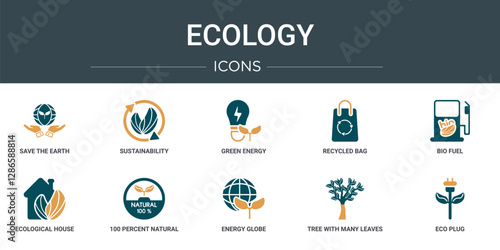set of 10 outline web ecology icons such as save the earth, sustainability, green energy, recycled bag, bio fuel, ecological house, 100 percent natural vector icons for report, presentation,