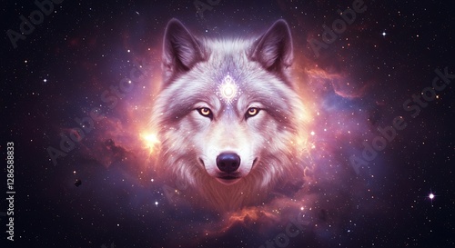 Wolf Portrait with Galactic Nebula Background, Fantasy Animal Illustration