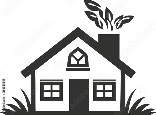 Eco-friendly house icon with leaves emerging from the chimney.