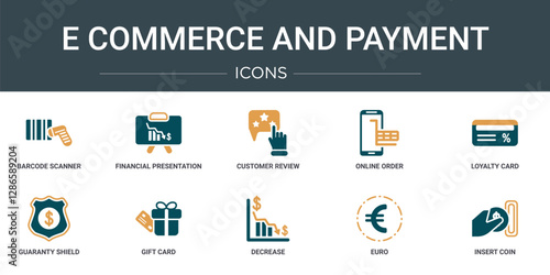 set of 10 outline web e commerce and payment icons such as barcode scanner, financial presentation, customer review, online order, loyalty card, guaranty shield, gift card vector icons for report,