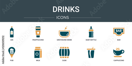 set of 10 outline web drinks icons such as gin, frappuccino, greyhound drink, baby bottle, bar, pub, milk vector icons for report, presentation, diagram, web design, mobile app