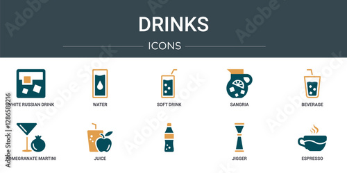 set of 10 outline web drinks icons such as white russian drink, water, soft drink, sangria, beverage, pomegranate martini, juice vector icons for report, presentation, diagram, web design, mobile