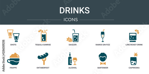 set of 10 outline web drinks icons such as shots, tequila sunrise, daiquiri, ramos gin fizz, lime rickey drink, frappe, oktoberfest vector icons for report, presentation, diagram, web design, mobile