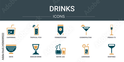 set of 10 outline web drinks icons such as caipirinha, tropical itch, fermentation, cosmopolitan, french 75, sieve, sidecar drink vector icons for report, presentation, diagram, web design, mobile
