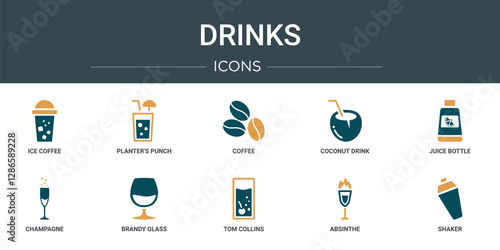 set of 10 outline web drinks icons such as ice coffee, planter's punch, coffee, coconut drink, juice bottle, champagne, brandy glass vector icons for report, presentation, diagram, web design,