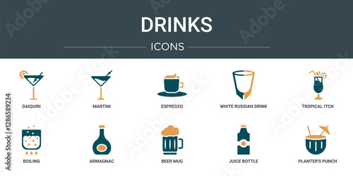 set of 10 outline web drinks icons such as daiquiri, martini, espresso, white russian drink, tropical itch, boiling, armagnac vector icons for report, presentation, diagram, web design, mobile app