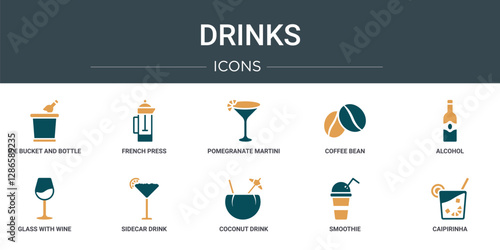 set of 10 outline web drinks icons such as ice bucket and bottle, french press, pomegranate martini, coffee bean, alcohol, glass with wine, sidecar drink vector icons for report, presentation,