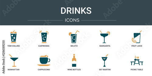 set of 10 outline web drinks icons such as tom collins, caipiroska, mojito, margarita, fruit juice, manhattan, cappuccino vector icons for report, presentation, diagram, web design, mobile app