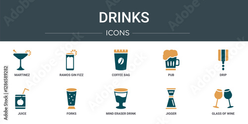 set of 10 outline web drinks icons such as martinez, ramos gin fizz, coffee bag, pub, drip, juice, forks vector icons for report, presentation, diagram, web design, mobile app