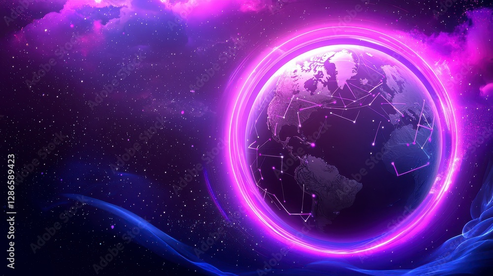 Obraz premium Cosmic Earth Vibrant Purple Neon Ring Encircling Pixelated Globe in Dark Nebula