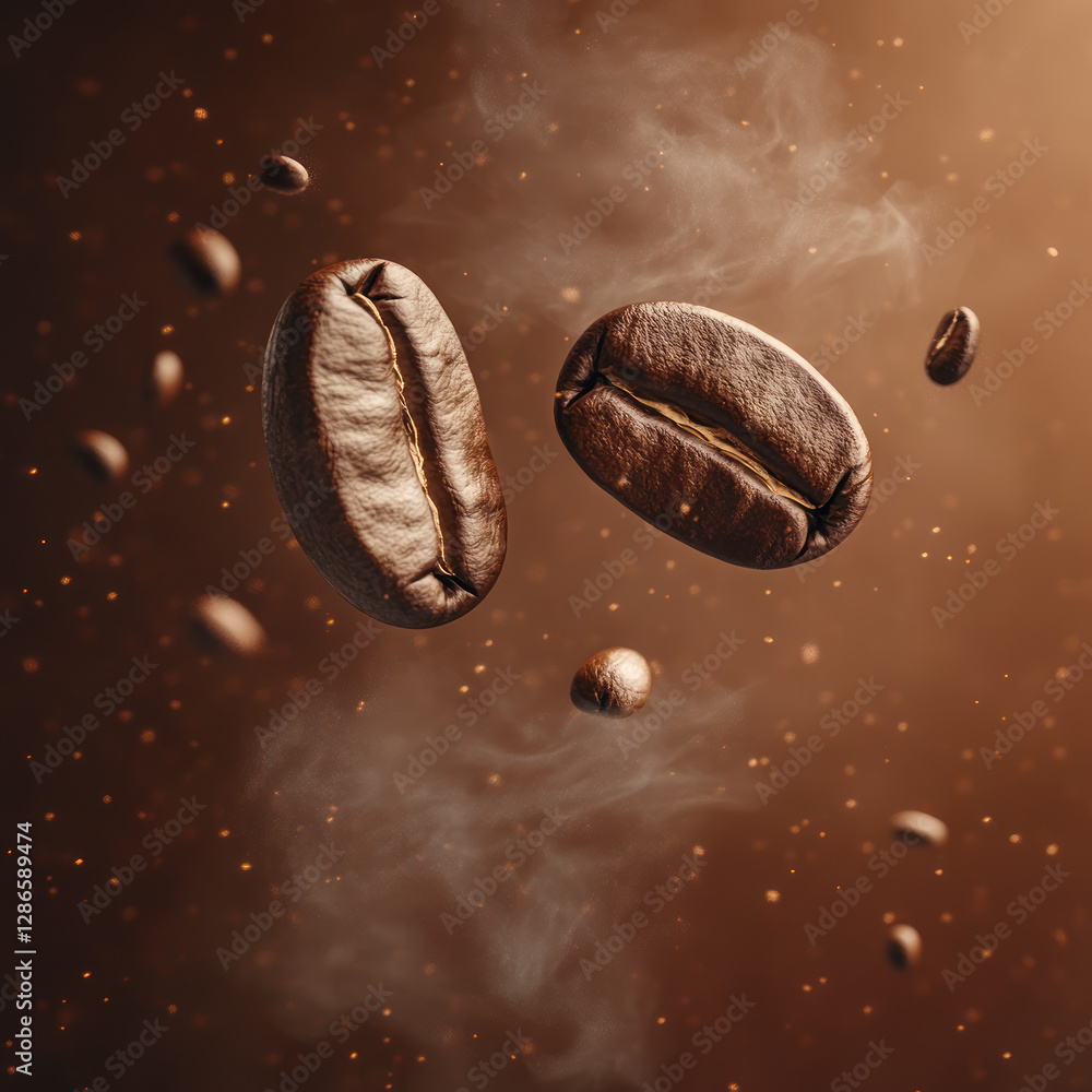 Floating coffee beans surrounded by steam and sparkles create surreal and aromatic atmosphere, highlighting rich texture and inviting aroma of freshly roasted coffee Floating coffee beans surrounded by steam and sparkles create surreal and aromatic atmosphere, highlighting rich texture and inviting aroma of freshly roasted coffee