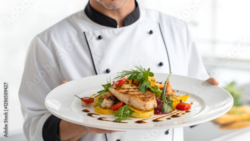 Professional Chef Holding Gourmet Dish, Fine Dining Presentation