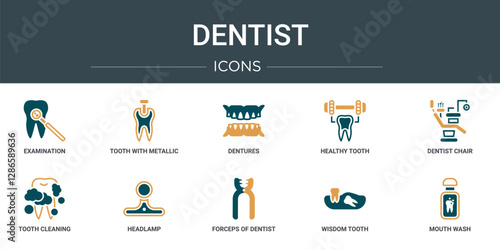 set of 10 outline web dentist icons such as examination, tooth with metallic root, dentures, healthy tooth, dentist chair, tooth cleaning, headlamp vector icons for report, presentation, diagram,