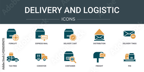 set of 10 outline web delivery and logistic icons such as forklift, express mail, delivery cart, distribution, delivery tings, tax free, conveyor vector icons for report, presentation, diagram, web
