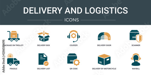 set of 10 outline web delivery and logistics icons such as package on trolley, delivery box, courier, delivery door, scanner, fragile, list vector icons for report, presentation, diagram, web