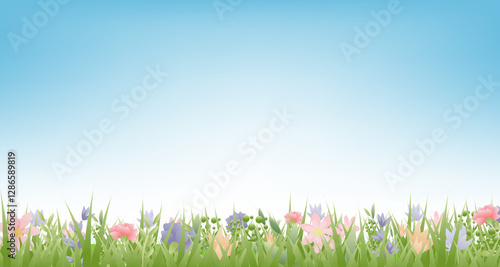 Spring Grass And F;owers Blue Background