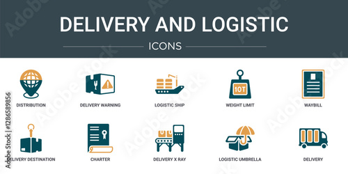set of 10 outline web delivery and logistic icons such as distribution, delivery warning, logistic ship, weight limit, waybill, delivery destination, charter vector icons for report, presentation,