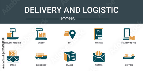 set of 10 outline web delivery and logistic icons such as delivery weighing, weight, pin, tax free, delivery to the door, cargo, cargo ship vector icons for report, presentation, diagram, web