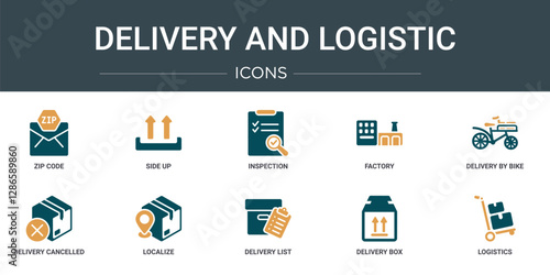 set of 10 outline web delivery and logistic icons such as zip code, side up, inspection, factory, delivery by bike, delivery cancelled, localize vector icons for report, presentation, diagram, web
