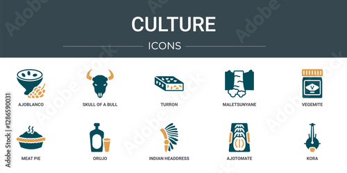 set of 10 outline web culture icons such as ajoblanco, skull of a bull, turron, maletsunyane, vegemite, meat pie, orujo vector icons for report, presentation, diagram, web design, mobile app
