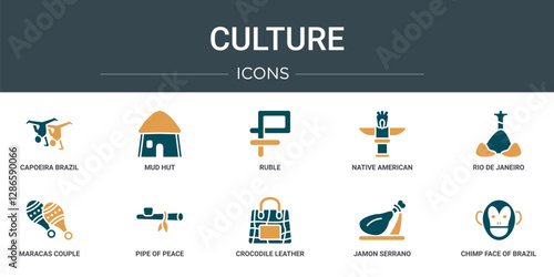 set of 10 outline web culture icons such as capoeira brazil dancers, mud hut, ruble, native american totem, rio de janeiro, maracas couple, pipe of peace vector icons for report, presentation,