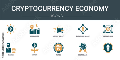 set of 10 outline web cryptocurrency economy icons such as  , economist, digital wallet, blokchain block, blockchain, banker, invest vector icons for report, presentation, diagram, web design,