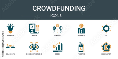 set of 10 outline web crowdfunding icons such as creator, tester, funding, investor, gif, gold ingots, bionic contact lens vector icons for report, presentation, diagram, web design, mobile app