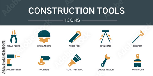 set of 10 outline web construction tools icons such as repair pliers, circular saw, wedge tool, open scale, crowbar, cordless drill, polishers vector icons for report, presentation, diagram, web