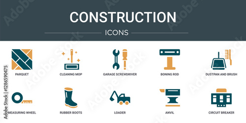 set of 10 outline web construction icons such as parquet, cleaning mop, garage screwdriver, boning rod, dustpan and brush, measuring wheel, rubber boots vector icons for report, presentation,
