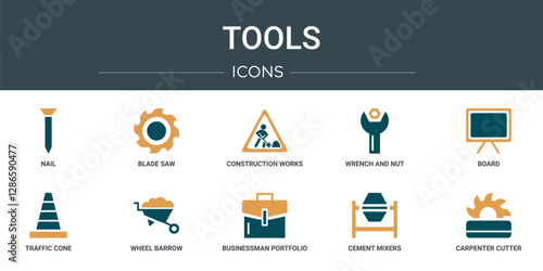 set of 10 outline web tools icons such as nail, blade saw, construction works, wrench and nut, board, traffic cone, wheel barrow vector icons for report, presentation, diagram, web design, mobile