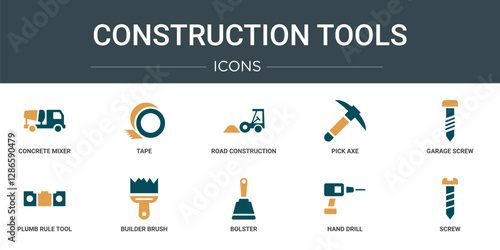 set of 10 outline web construction tools icons such as concrete mixer, tape, road construction, pick axe, garage screw, plumb rule tool, builder brush vector icons for report, presentation, diagram,