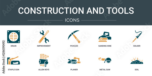 set of 10 outline web construction and tools icons such as drain, improvement, pickaxe, sanding hine, solder, staple gun, allen keys vector icons for report, presentation, diagram, web design,