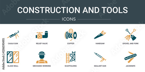 set of 10 outline web construction and tools icons such as caulk gun, relief valve, copper, handsaw, shovel and fork, glass wall, mechanic working vector icons for report, presentation, diagram, web