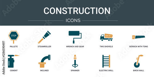set of 10 outline web construction icons such as pallete, steamroller, wrench and gear, two shovels, derrick with tong, cement, inclined vector icons for report, presentation, diagram, web design,