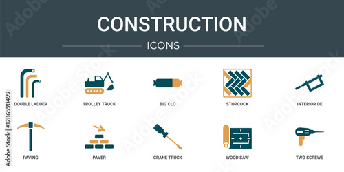 set of 10 outline web construction icons such as double ladder, trolley truck, big clo, stopcock, interior de, paving, paver vector icons for report, presentation, diagram, web design, mobile app