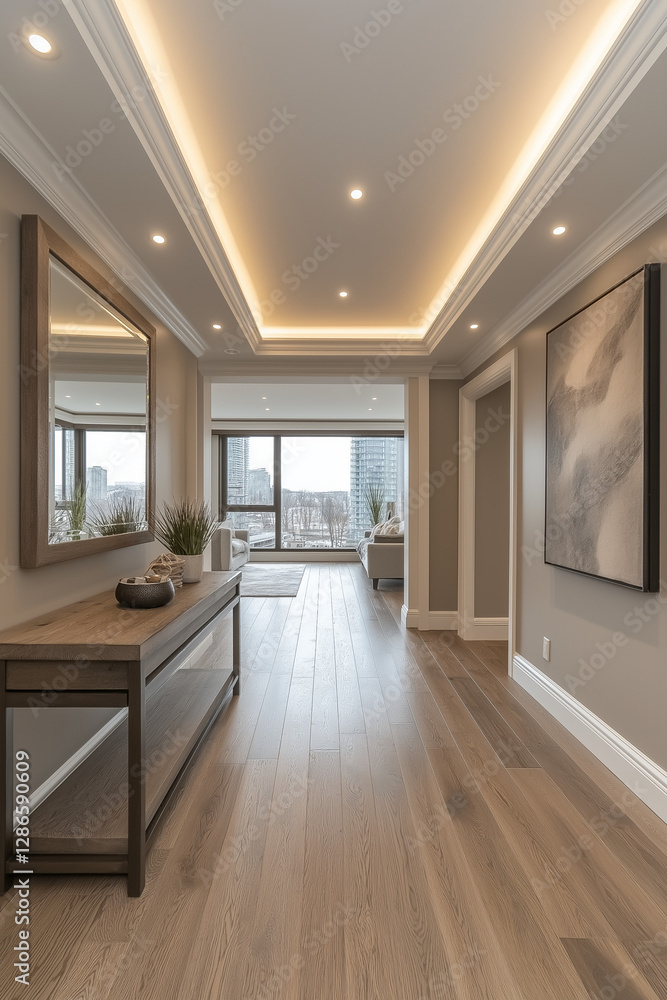 Photographie immobilière d’une entrée moderne avec une console en bois suspendue, grand miroir décoratif, tableau, éclairage encastré doux et plantes Photographie immobilière d’une entrée moderne avec une console en bois suspendue, grand miroir décoratif, tableau, éclairage encastré doux et plantes
