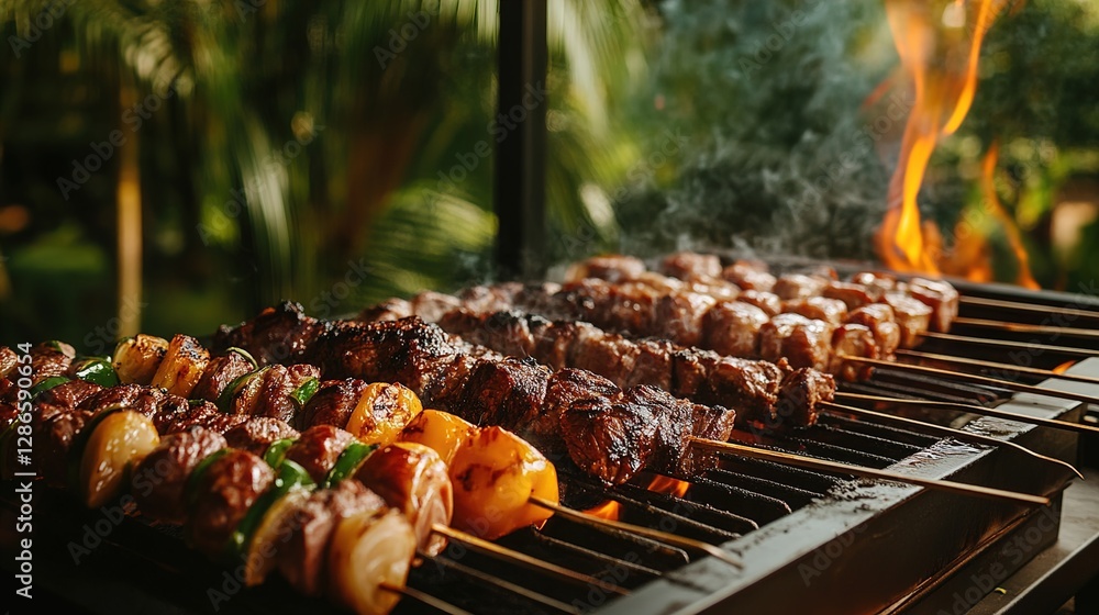 Outdoor Brazilian Churrasco Grill Featuring Skewers of Meat and Vegetables with Flames and Smoke in a Lush Green Setting