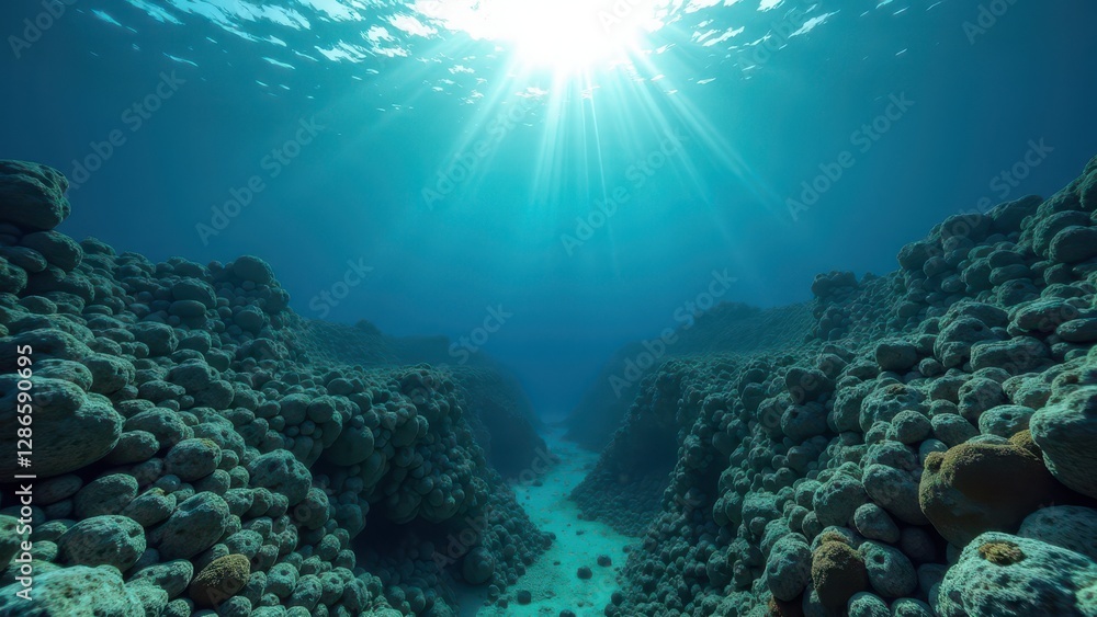 custom made wallpaper toronto digitalUnderwater view of bleached coral reef with deep crevice and sun rays filtering through clear water