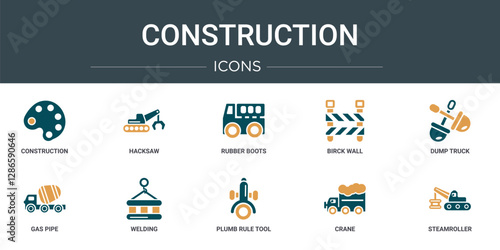 set of 10 outline web construction icons such as construction, hacksaw, rubber boots, birck wall, dump truck, gas pipe, welding vector icons for report, presentation, diagram, web design, mobile app